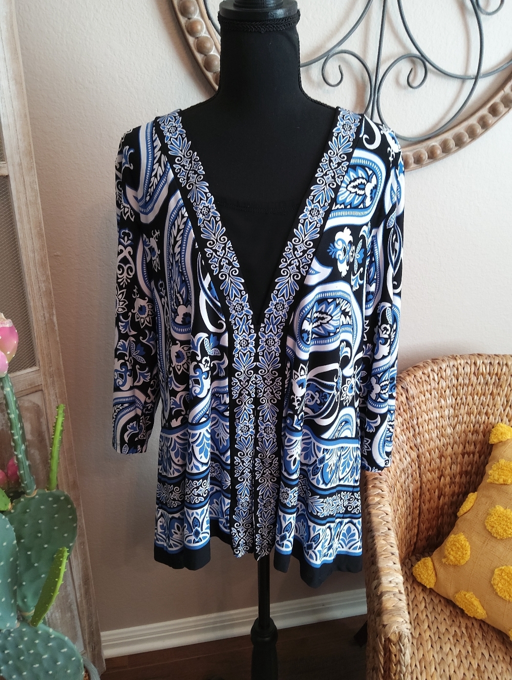 JM Collection Black and Blue Paisley Faux Jacket Tunic